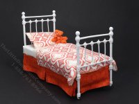 Miniature Wrought Iron Twin/Single Bed for Dollhouses - Orange & White (image for) Miniature Wrought Iron Twin/Single Bed for Dollhouses - Orange & White