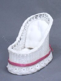 Miniature White Wicker Bassinet with Pink Trim for Dollhouses (image for) Miniature White Wicker Bassinet with Pink Trim for Dollhouses