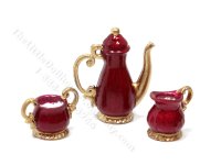 Miniature Georgian Style 3 Piece Coffee/Tea Set for Dollhouses - Red & Gold (image for) Miniature Georgian Style 3 Piece Coffee/Tea Set for Dollhouses - Red & Gold