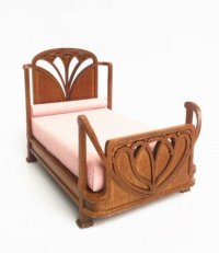Miniature Walnut Art Nouveau Bed W/Pink Mattress (image for) Miniature Walnut Art Nouveau Bed W/Pink Mattress