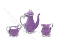 Miniature Georgian Style 3 Piece Coffee/Tea Set for Dollhouses - Purple & Silver (image for) Miniature Georgian Style 3 Piece Coffee/Tea Set for Dollhouses - Purple & Silver