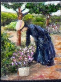 Miniature Woman in the Garden Painting by Larry Morganti (image for) Miniature Woman in the Garden Painting by Larry Morganti