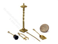 Miniature Set of Fireplace Tools with Stand for Dollhouses - Brass (image for) Miniature Set of Fireplace Tools with Stand for Dollhouses - Brass