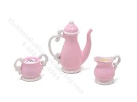 Miniature Georgian Style 3 Piece Coffee/Tea Set for Dollhouses - Pink & White (image for) Miniature Georgian Style 3 Piece Coffee/Tea Set for Dollhouses - Pink & White
