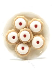 Miniature Iced 'Bakewell' Almond and Cherry Tarts on Plate (image for) Miniature Iced 'Bakewell' Almond and Cherry Tarts on Plate