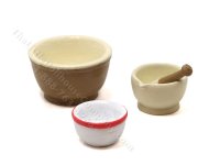 Miniature 4 Piece Mixing Bowl and Mortar Pestle Set for Dollhouses (image for) Miniature 4 Piece Mixing Bowl and Mortar Pestle Set for Dollhouses