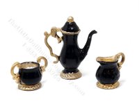 Miniature Georgian Style 3 Piece Coffee/Tea Set for Dollhouses - Black & Gold (image for) Miniature Georgian Style 3 Piece Coffee/Tea Set for Dollhouses - Black & Gold
