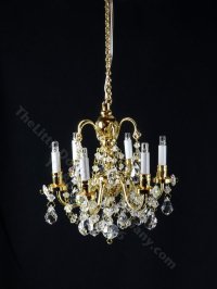 Miniature Battery Operated 6-Arm Brass and Crystal Chandelier (image for) Miniature Battery Operated 6-Arm Brass and Crystal Chandelier