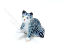 Miniature Sitting Grey Tabby Cat Figurine for Dollhouses (image for) Miniature Sitting Grey Tabby Cat Figurine for Dollhouses