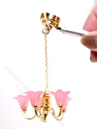 Miniature LED Pink Tulip Chandelier with Wand for Dollhouse (image for) Miniature LED Pink Tulip Chandelier with Wand for Dollhouse