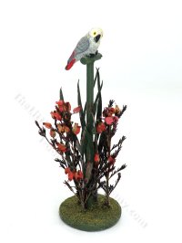 Vintage Miniature African Grey Parrot on Perch with Red Flowers for Dollhouses (image for) Vintage Miniature African Grey Parrot on Perch with Red Flowers for Dollhouses